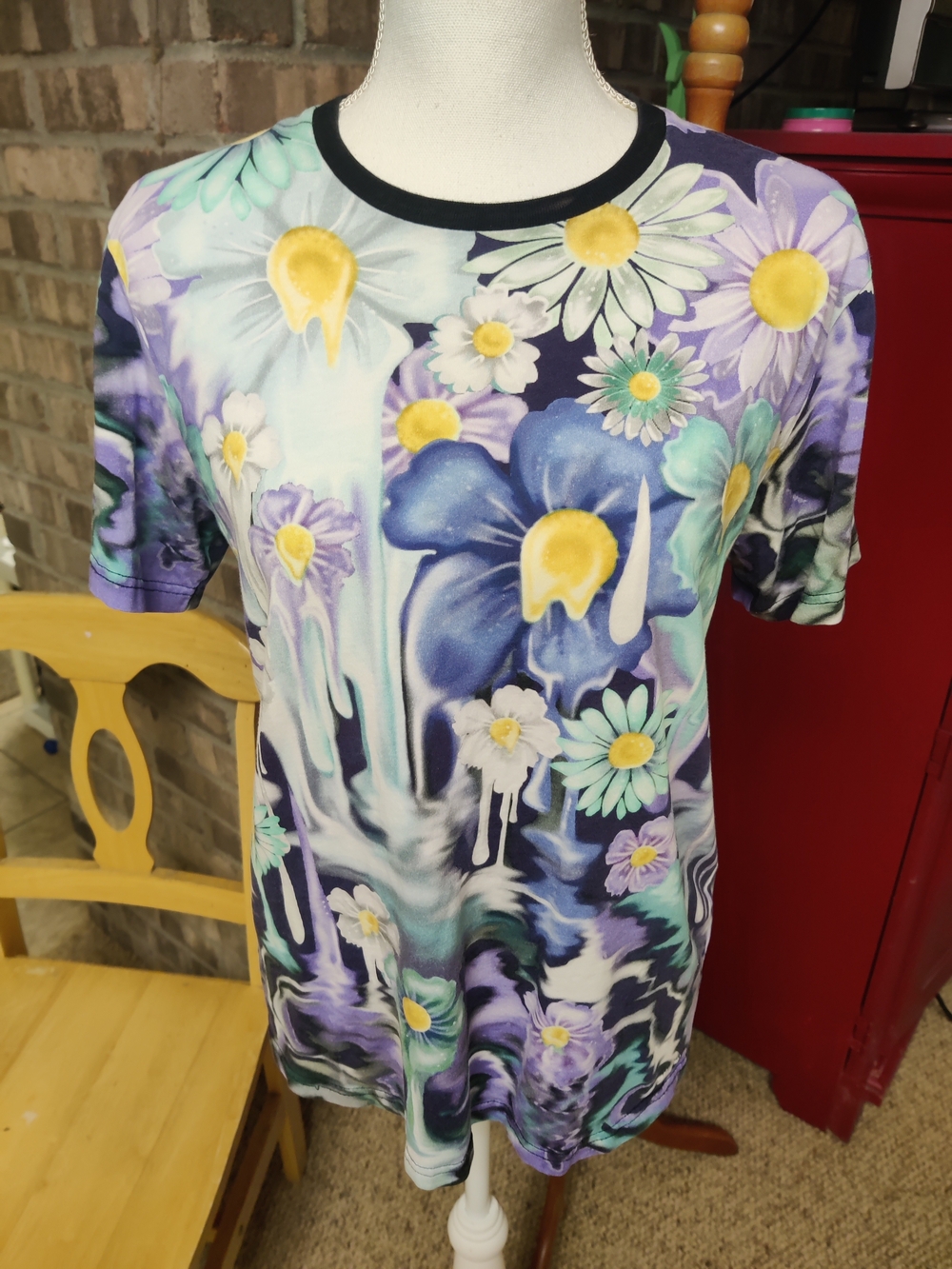 Floral Melt Print Crewneck Tee - Yellow, Purple, Blue, Size Small